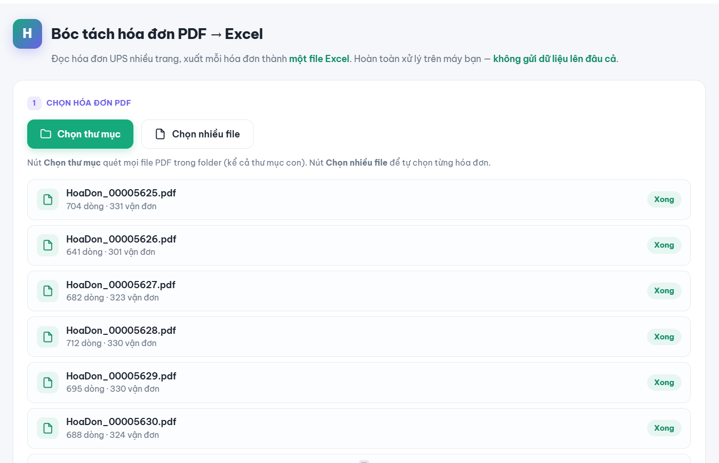 Tool bóc tách PDF hàng loạt thành Excel - màn hình 1