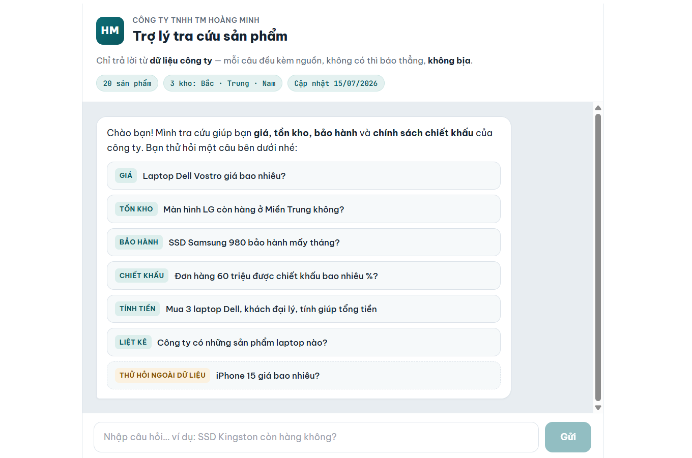 Chatbot tra cứu từ file Excel cho cả phòng - màn hình 1