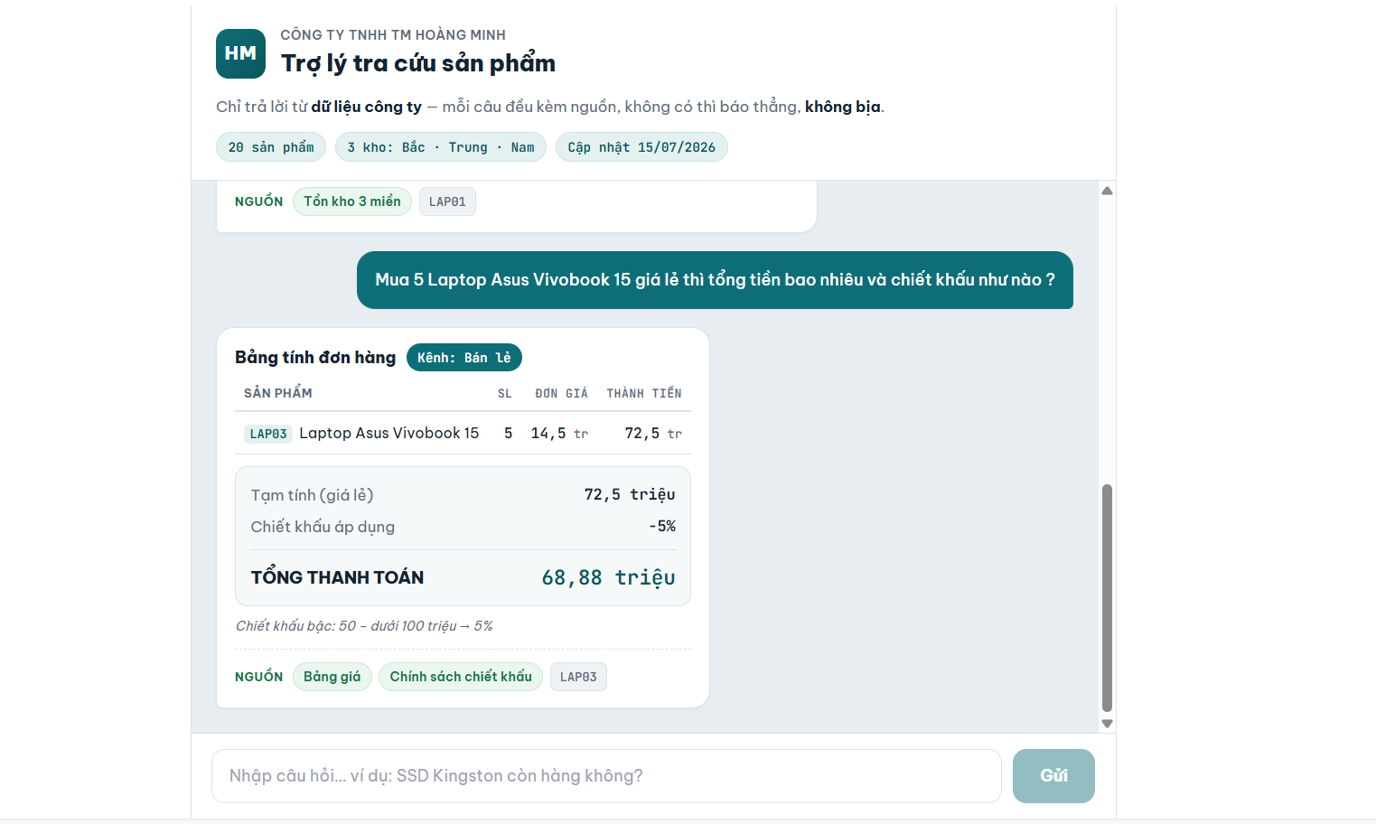 Chatbot tra cứu từ file Excel cho cả phòng - màn hình 2