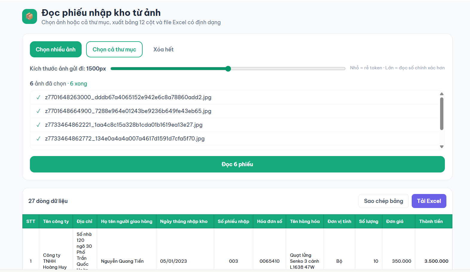 Tool đọc ảnh chứng từ hàng loạt thành Excel - màn hình 2
