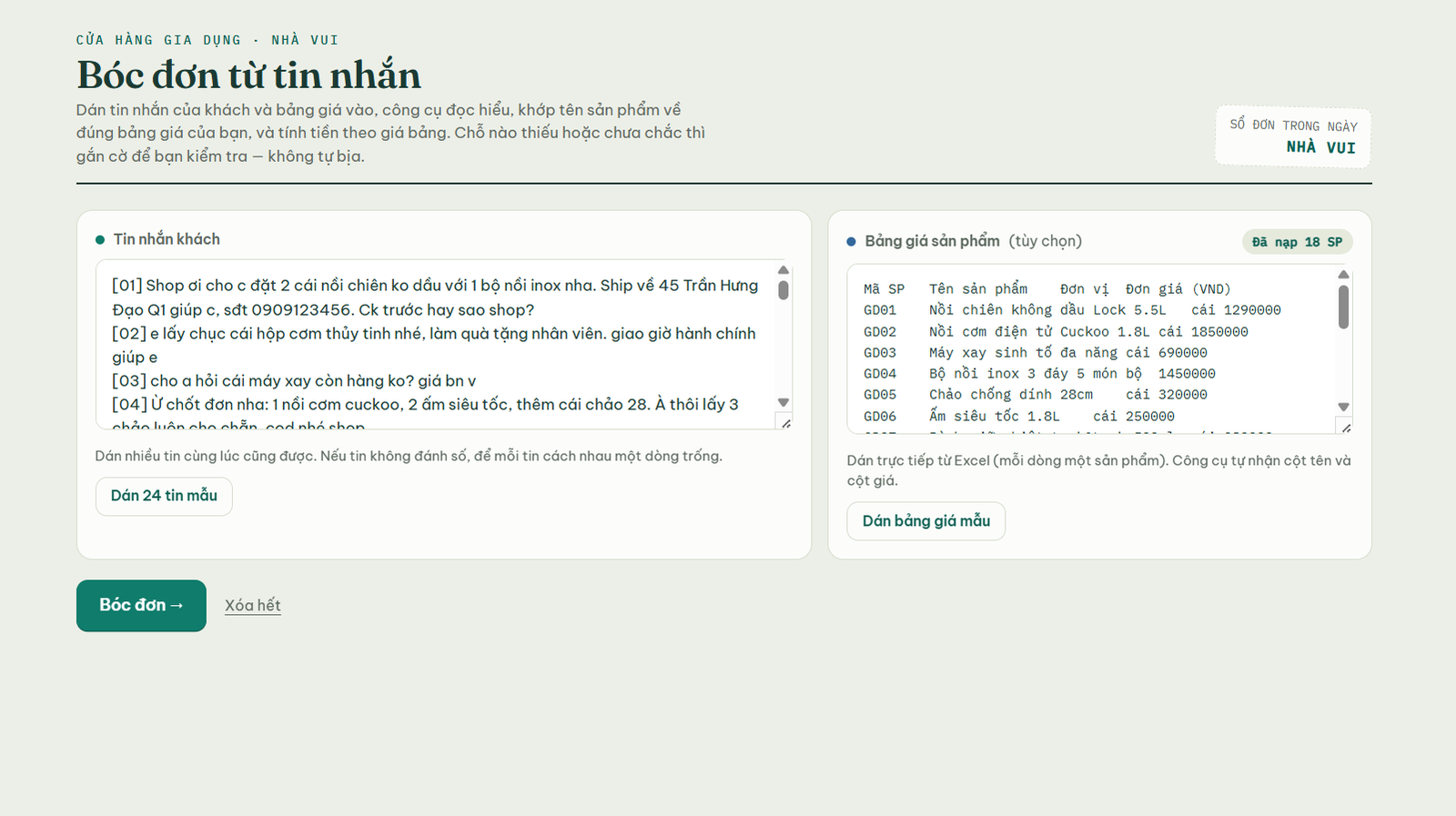 Tool bóc đơn hàng từ tin nhắn thành bảng chuẩn - màn hình 1