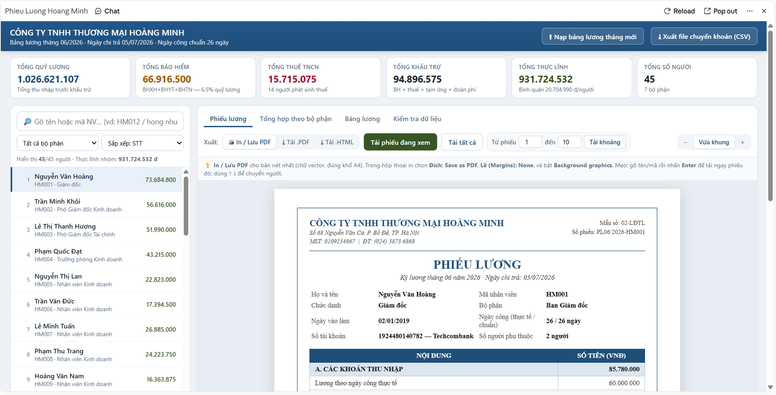 Tool tạo hàng loạt phiếu lương từ file Excel - màn hình 1