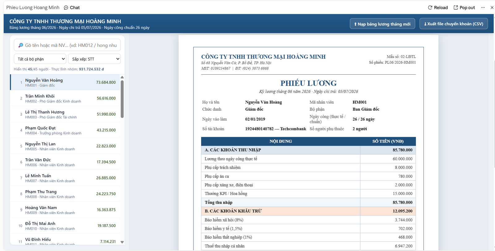 Tool tạo hàng loạt phiếu lương từ file Excel - màn hình 2